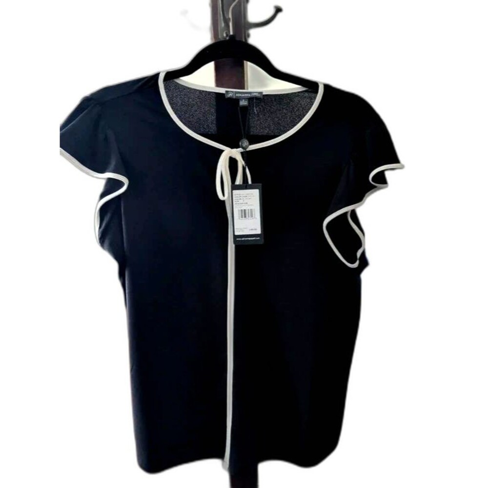 Adrianna Papell Black Tie-Neck Flutter Sleeve Top